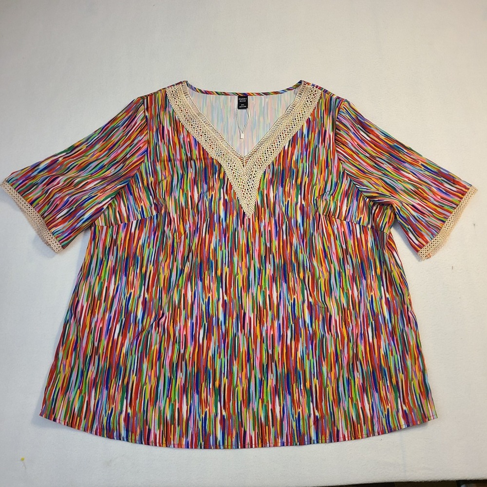 Emery Rose Women 2XL Tunic Multicolor Abstract Stripe Boho Blouse Lace Trim Top